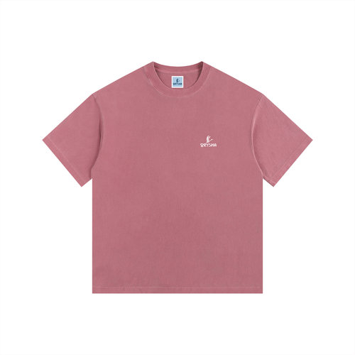 Pink t-shirt with a small logo on a white background