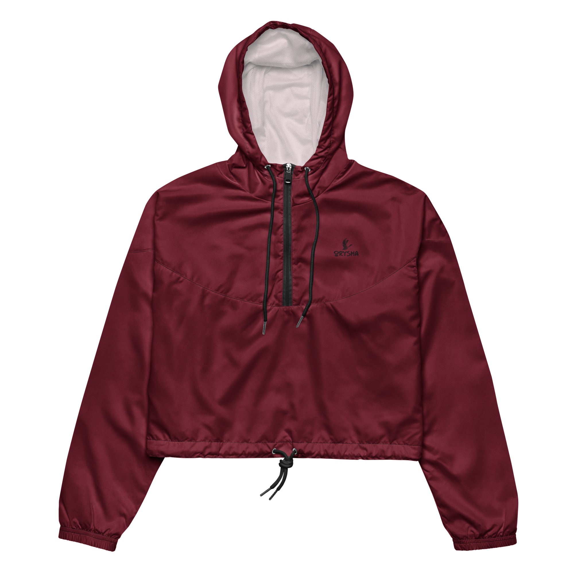 Women’s burgundy cropped windbreaker jacket with hood, lightweight water-resistant fabric and adjustable fit