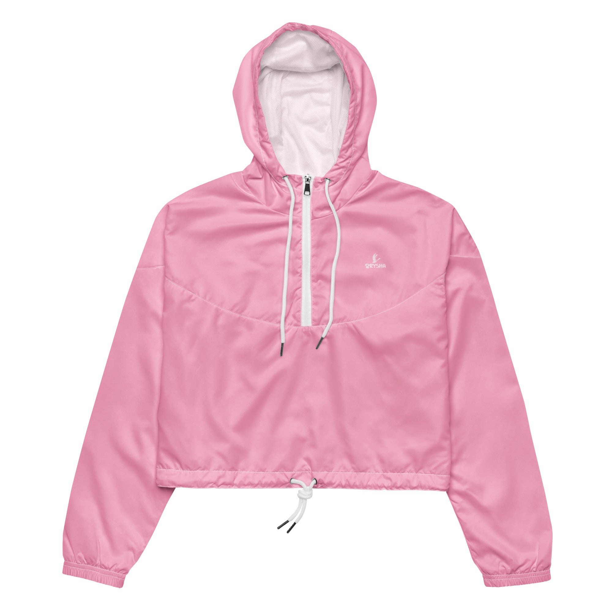 Women’s pink cropped windbreaker jacket with hood, drawstrings, and lightweight waterproof design for sporty streetwear styling