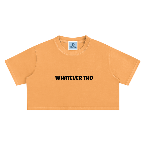 Orange crop top with 'WHATEVER THO' text on a white background