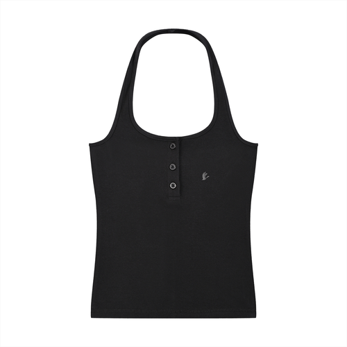 Black tank top with a small logo on a white background