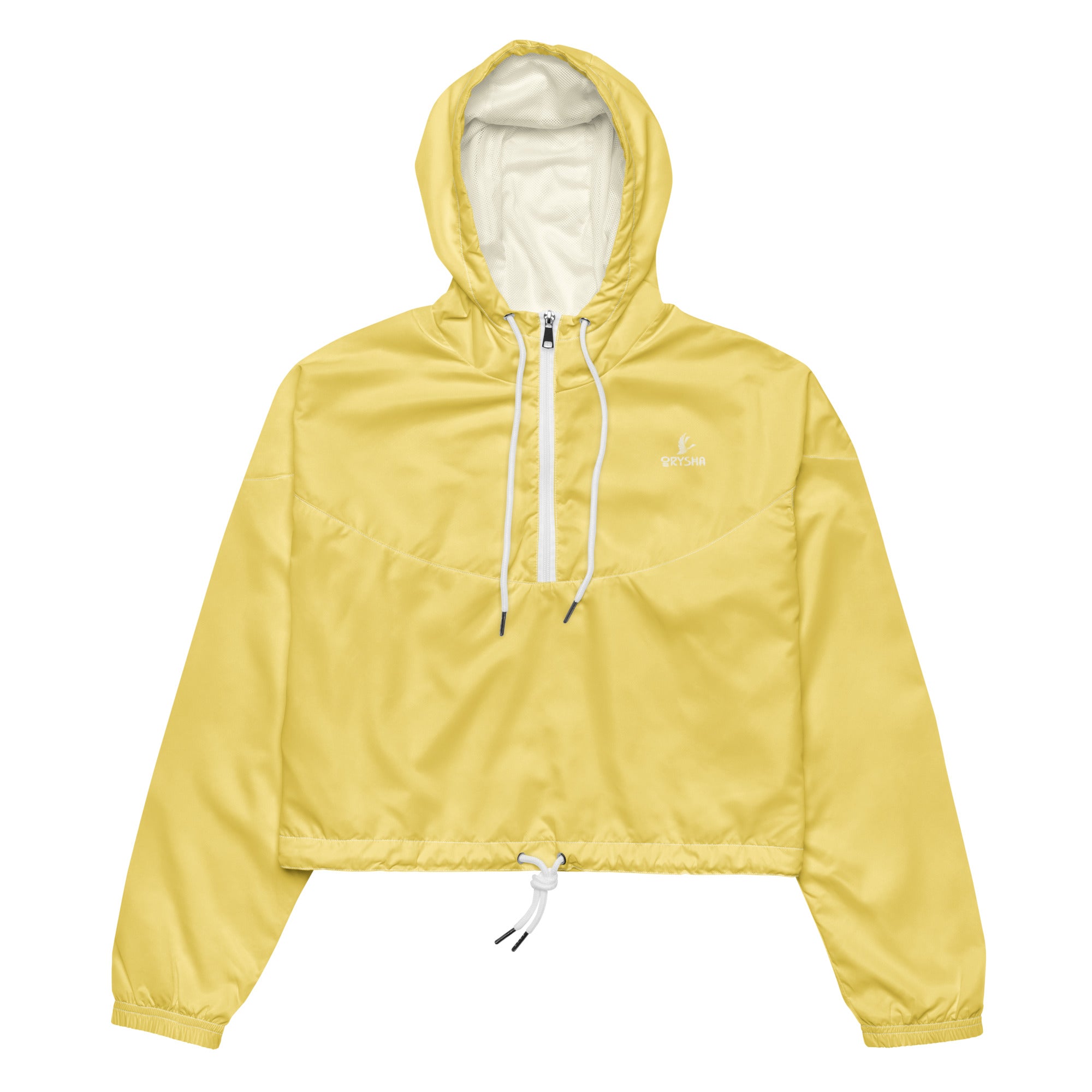 Women’s yellow cropped windbreaker jacket with hood, adjustable drawstrings, and lightweight water-resistant design for streetwear styling
