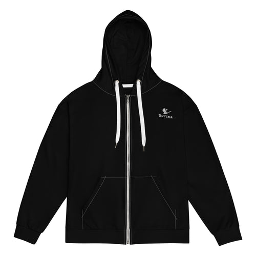 Orysha black zip hoodie with white drawstrings and logo on chest.