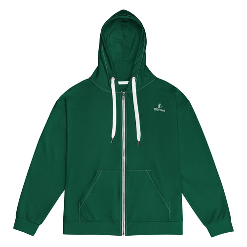 Orysha green zip hoodie with white drawstrings and printed logo on chest.