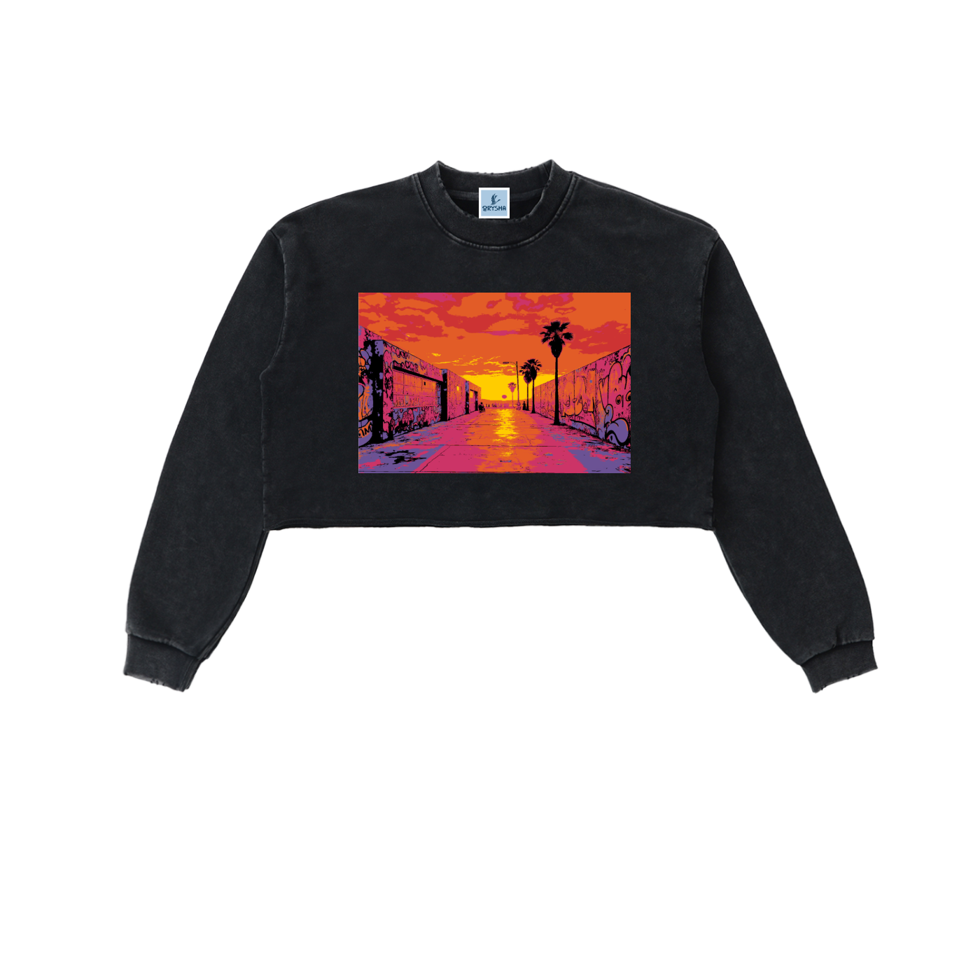 Women's "Sunset Alley" Snow Washed Raw Edge Cropped Sweatshirt