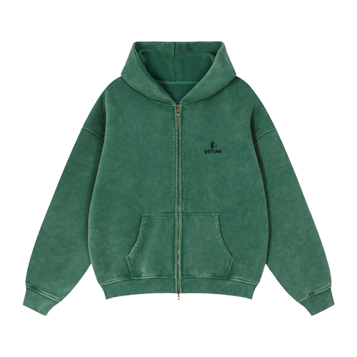 Unisex Snow Washed Zip-Through Boxy Fleece Hoodie
