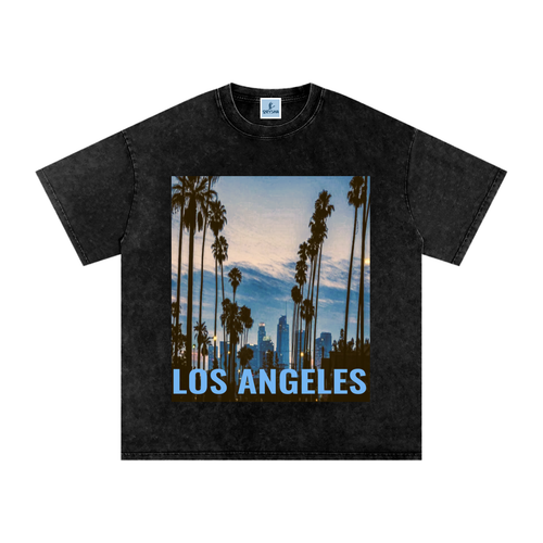 Black t-shirt with 'Los Angeles' graphic featuring palm trees and city skyline.